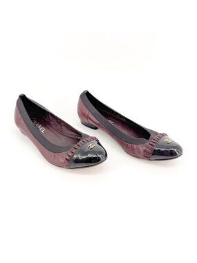 Chanel CC Ruffle Cap Toe Ballet Flats EU 37 US 6-6.5 Brown Burgundy Leather